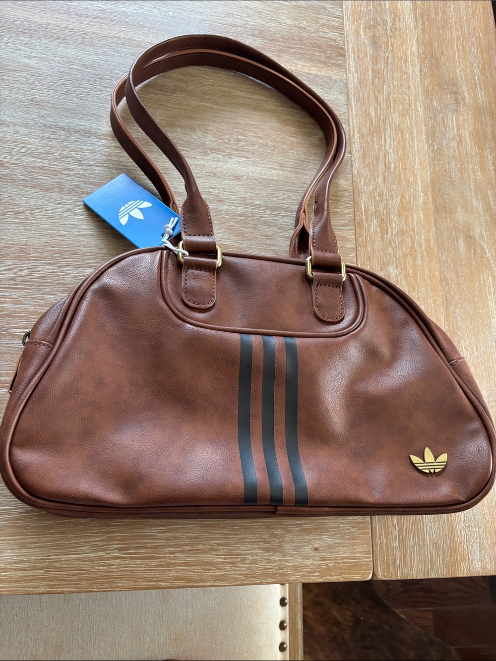 adidas Brown Faux-Leather Airliner Shoulder Bag with Black Stripes